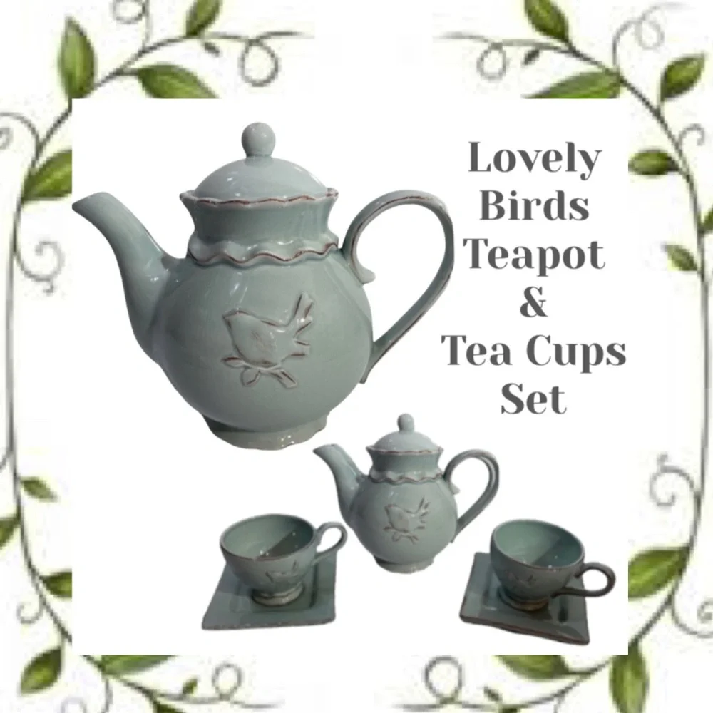 Vintage Tea Set Bird Teapot Teacup Delicate Floral Hand Painted Hand Crafted Art